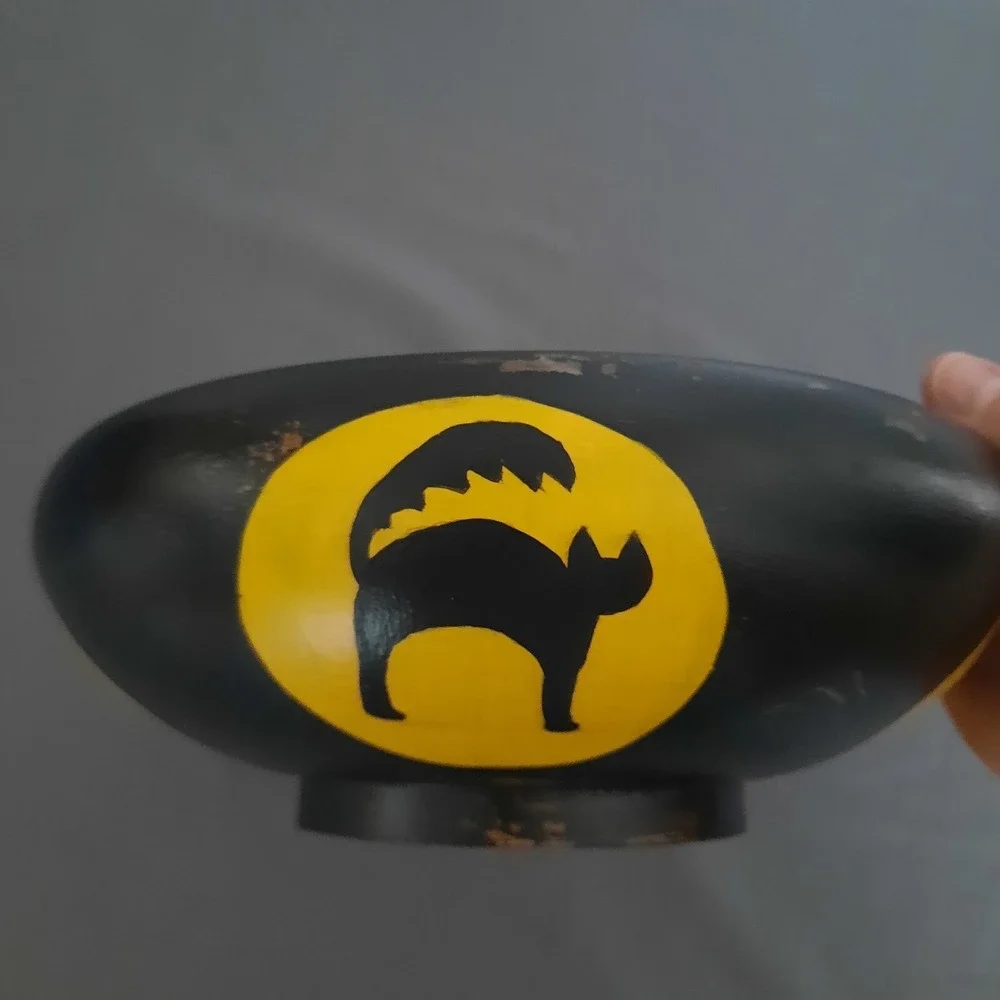 Halloween Hand Painted Wood Bowl Jack O Lantern Witch Black Cat Primitive Rustic